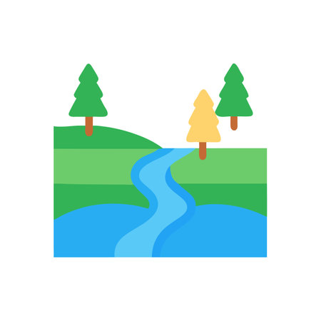 Stylized River Landscape with Trees and Grassy Banksのイラスト素材