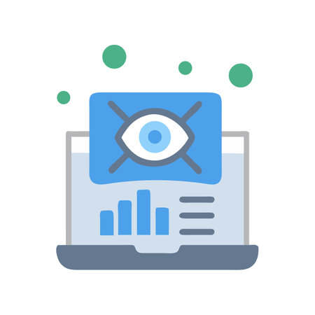 Laptop displaying data analytics with eye illustration, green circlesのイラスト素材