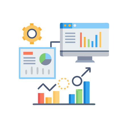 Data analysis process with charts and statistics on screensのイラスト素材