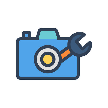 Camera maintenance icon with wrench on a black backgroundのイラスト素材
