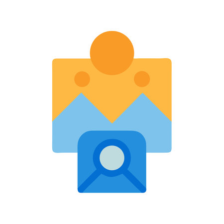 Digital asset management icon with sunrise and magnifying glass
