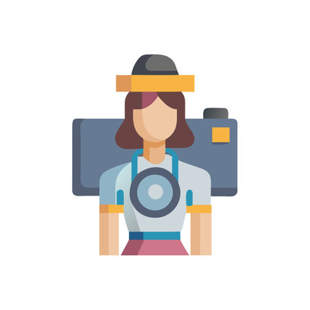 Flat illustration of woman with camera on a black backgroundのイラスト素材
