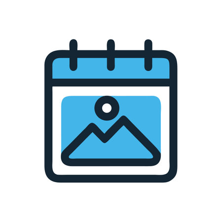 Stylized calendar icon depicting mountain landscape, sun, and date