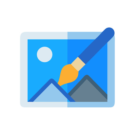 Digital illustration of painting scene with mountains and brush