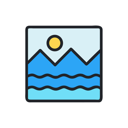 Minimalist mountain and sea landscape illustration with geometric sunのイラスト素材