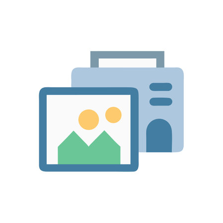 Stylized blue printer outputs image of mountains and sunsのイラスト素材