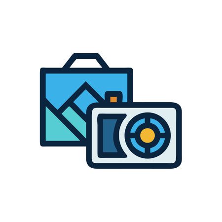 Stylized camera icon with travel bag on black background