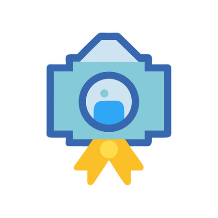 Stylized blue and yellow badge icon on black backdropのイラスト素材