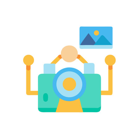 Flat style camera icon with landscape image on blackのイラスト素材