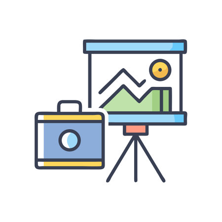 Business presentation with graph on projector and briefcase iconのイラスト素材