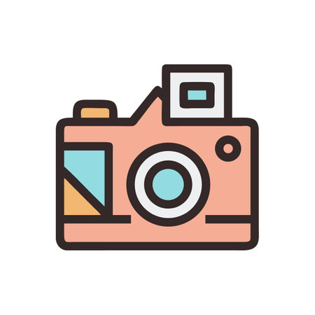 Retro camera illustration in pink and blue tones on blackのイラスト素材