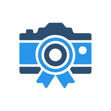 Blue camera icon with award ribbon in flat styleのイラスト素材