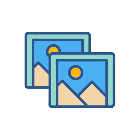 Two framed landscape images with mountains and sun icon
