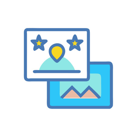 Colorful photo stack illustration with user and landscape icons