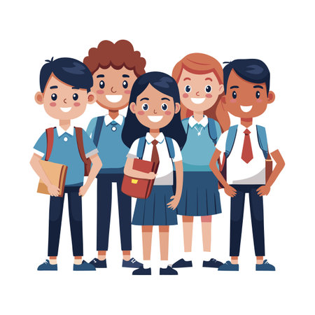 Group of diverse students in uniform ready for schoolのイラスト素材