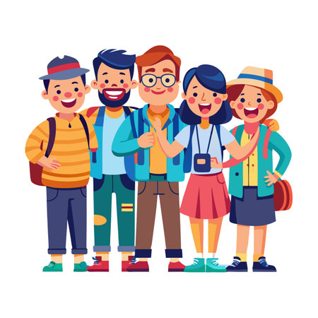 Diverse group of cartoon tourists smiling together outdoorsのイラスト素材