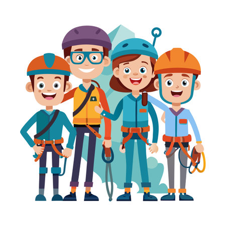 Cheerful cartoon rock climbers wearing harnesses and safety helmetsのイラスト素材