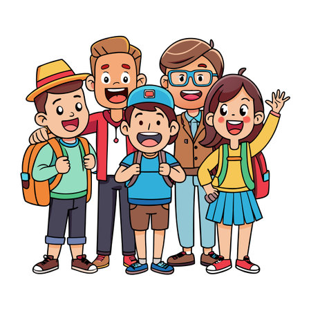 Happy group of cartoon people with backpacks standing togetherのイラスト素材