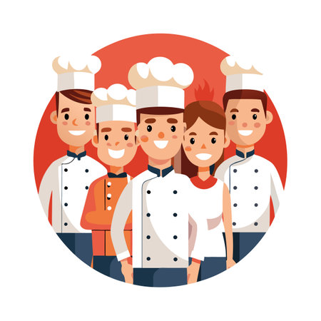 Team of smiling chefs standing in a group portraitのイラスト素材