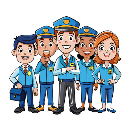 Cartoon team of officers standing together in uniformのイラスト素材