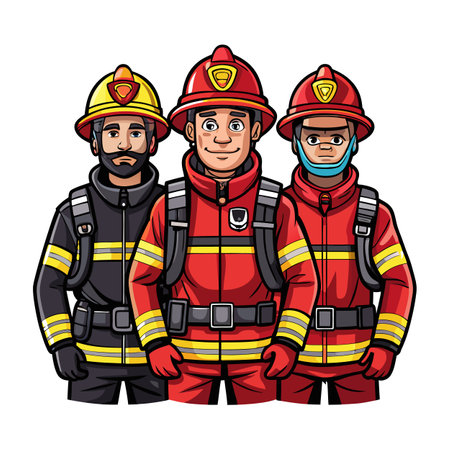 Three firefighters in protective gear illustration standing shoulder to shoulderのイラスト素材