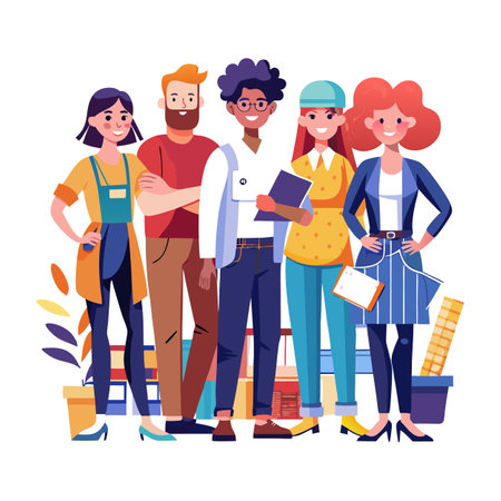 Diverse group of professionals standing together in flat illustrationのイラスト素材