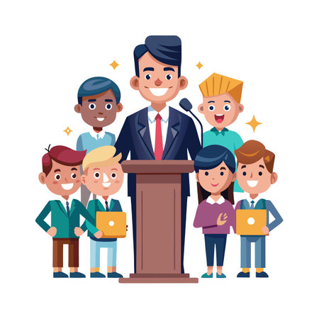 Flat illustration of a diverse group around a speakerのイラスト素材