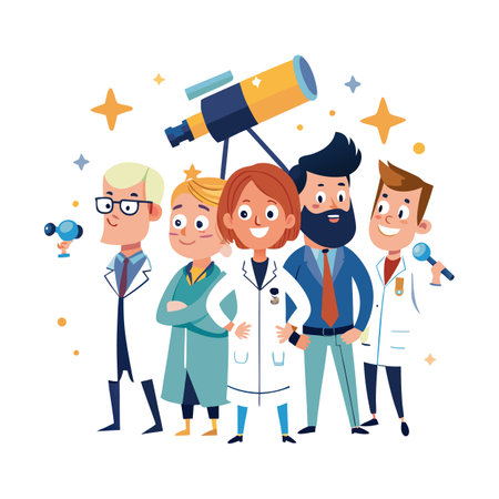 Diverse team of scientists with telescope and shining starsのイラスト素材