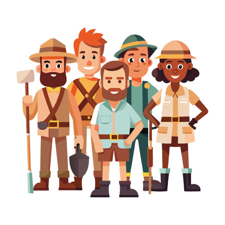 Diverse archaeology team with tools posing for a group pictureのイラスト素材