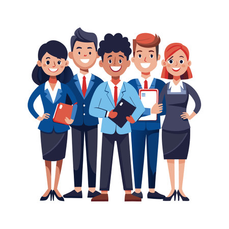 Diverse team of business professionals standing together smiling brightlyのイラスト素材