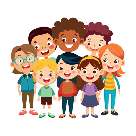 Diverse group of children smiling together in flat illustrationのイラスト素材
