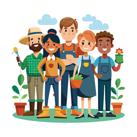 Diverse group of friendly gardeners standing together outsideのイラスト素材