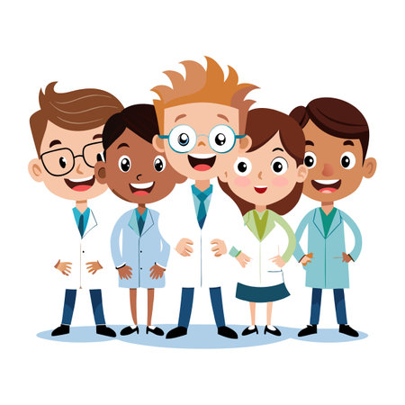 Diverse group of happy young doctors in lab coatsのイラスト素材