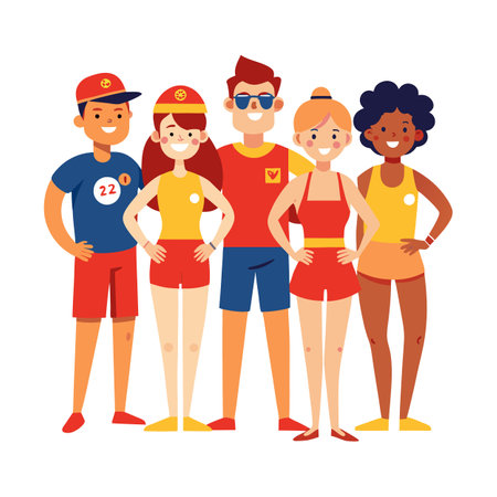 Diverse group of friends standing together in matching outfitsのイラスト素材