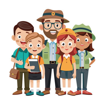 Diverse group of young students and adult on tripのイラスト素材