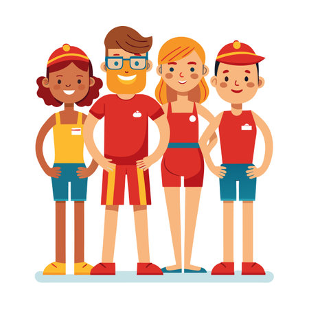 Four Diverse Workers in Red Shirts Standing Together Smiling