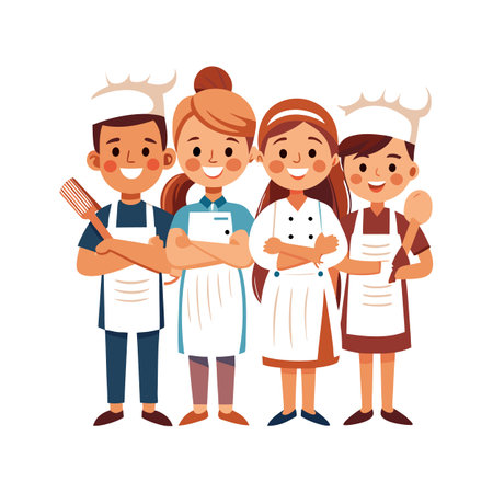 Group of diverse young chefs standing together smiling happilyのイラスト素材