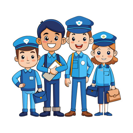 Cartoon postmen and postwoman team in blue uniform standingのイラスト素材