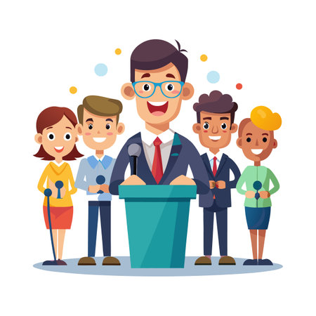 Presenter and team at podium cartoon vector illustrationのイラスト素材