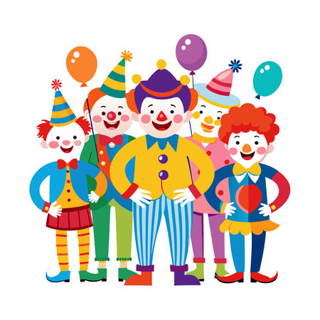 Group of Colorful Cartoon Clowns with Balloons and Hatsのイラスト素材