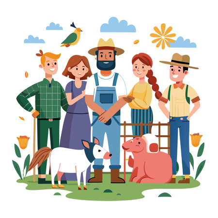 A group of people with animals in a farmlandのイラスト素材