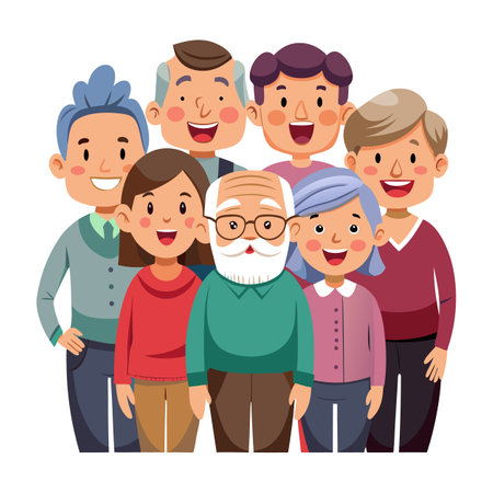 Happy diverse family standing together cartoon style illustrationのイラスト素材