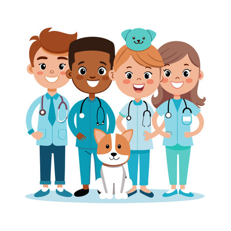 Happy diverse veterinary team with dog vector illustration designのイラスト素材