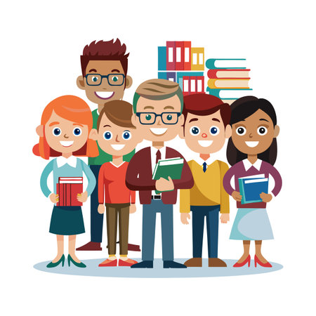 Diverse group of teachers and students with books illustrationのイラスト素材