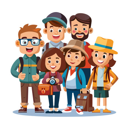 Group of diverse tourists ready for adventure travel togetherのイラスト素材