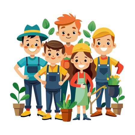 Group of happy young gardeners standing together smiling illustrationのイラスト素材
