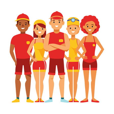 Diverse team in red and yellow uniform standing togetherのイラスト素材