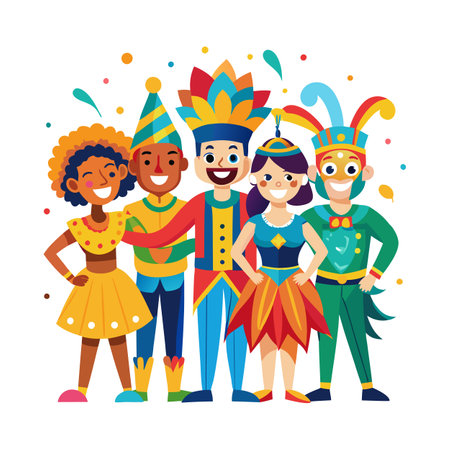 Diverse group celebrating Carnival with colorful costumes and confettiのイラスト素材