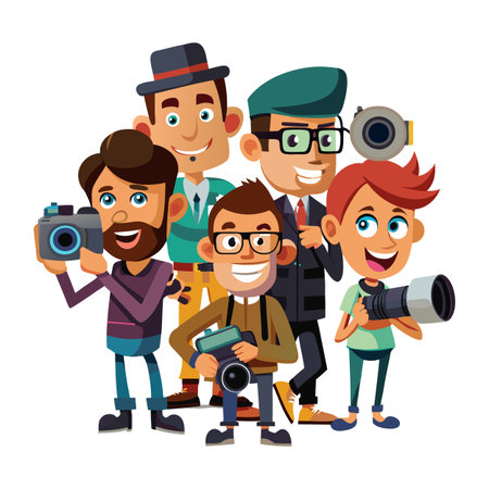 Diverse group of cartoon photographers smiling with various cameras