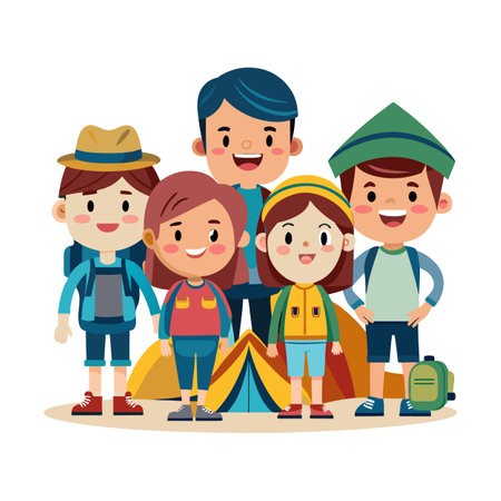 Cartoon family camping together in nature graphic illustrationのイラスト素材